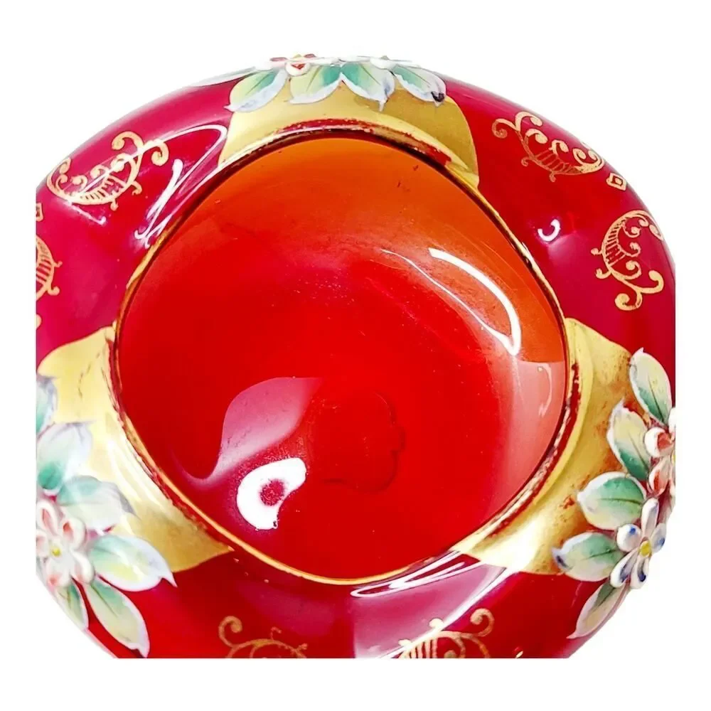 Vtg Hand Painted Bohemian Czech Ruby Red 22K‎ Gold Dish Ashtray Enamel Flowers